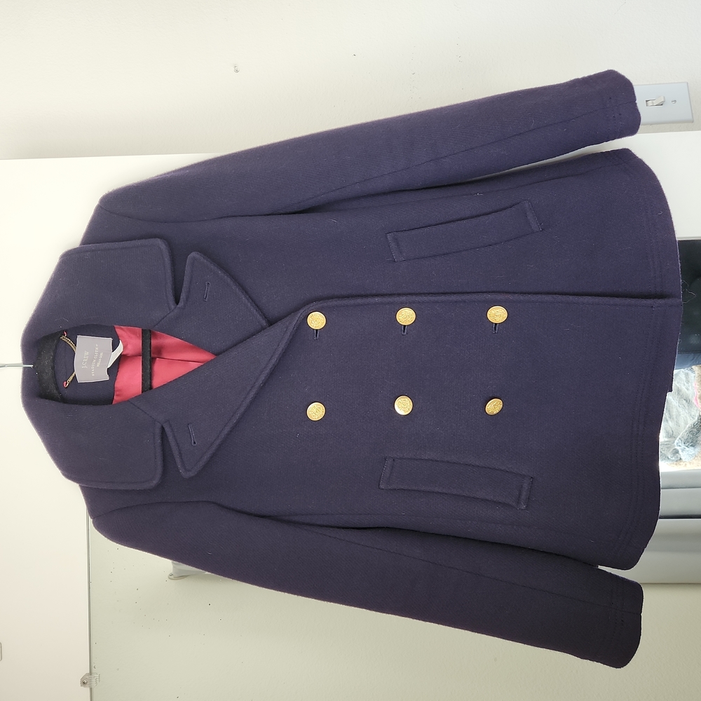 Jcrew Navy Wool Pea Coat with gold buttons, maroon lining